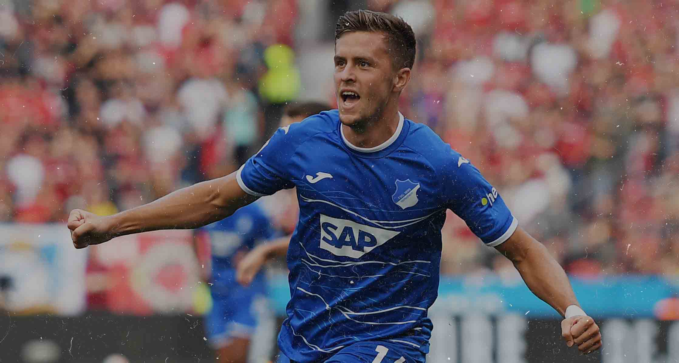 Christoph Baumgartner, TSG 1899 Hoffenheim footballer, celebrates a goal in the Bundesliga.